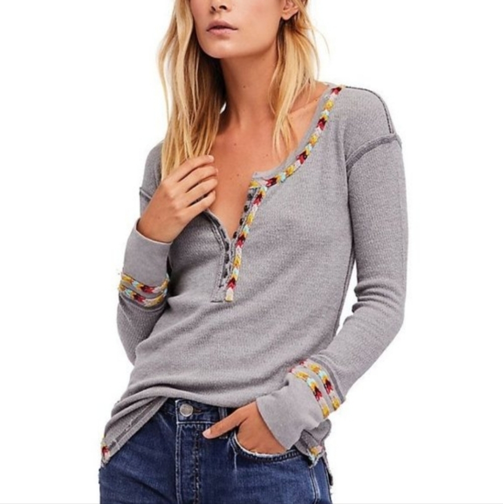 Free People Rainbow Thermal Tee Long Sleeves Henley Neck Embroidery Sm Gray NWOT